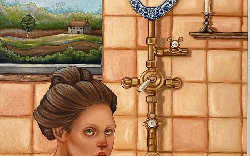 BA Fine Art painting by Rebecca Foster-Clarke showing a bathroom scene with a woman in the bath, a spider in the window, bath tap, ceramic mirror and a shelf with a candle stick and flower.