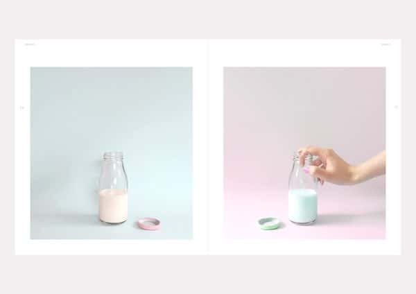 Krystal Loh - two images side by side show glasses of milk on pastel backgrounds. the left has white milk with a pale blue background and a light pink top. The right image has pale blue milk, with a pale blue top, and a light pink background..