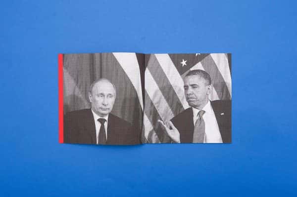 Natalie Sowa - double page spread on a blue background, with Vladimir Putin on the left and Barack Obama on the right. each stands in front of their countries flag