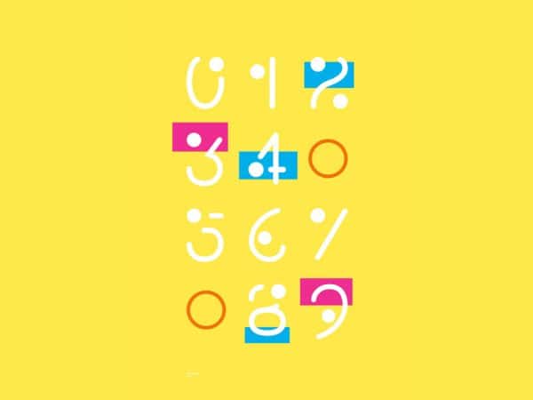 Philippa Nash - Abstract letterforms for numbers from 0-9 in white on yellow with cyan and magenta blocks