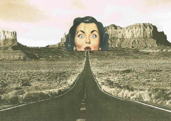 Sophie Moates - A long straight road through an american desert, the road ends in the mouth of a woman's head which has been overlaid on the horizon
