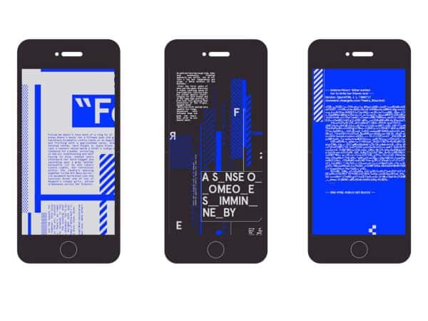 Thomas Lynes - 3 screens of a published series on a mobile device. the text is fragmented with an abstract layout in white on blue