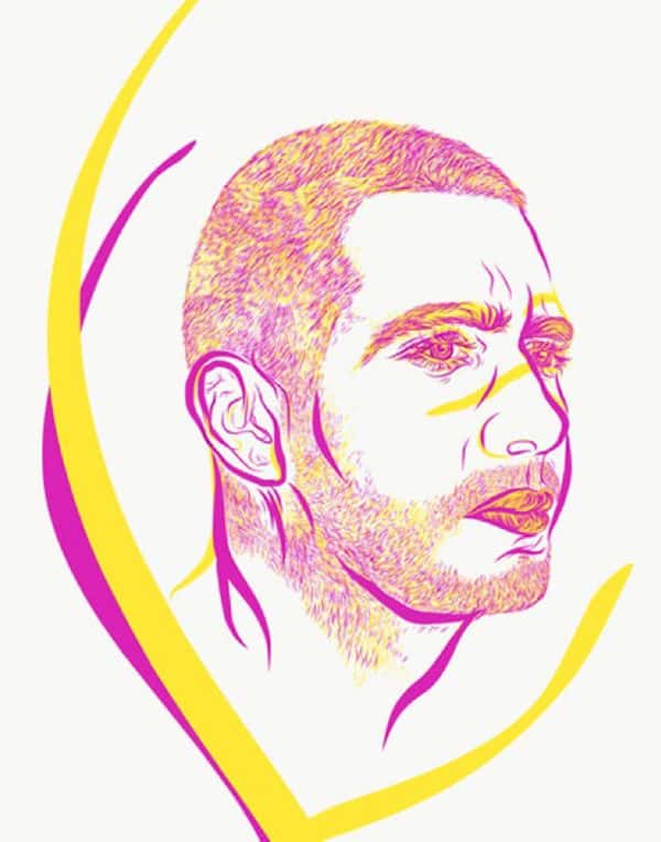 Jess Anderson - Magenta and yellow two tone drawing of a mans face with stubble
