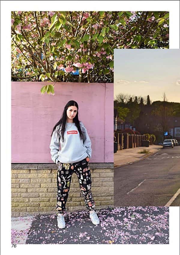 Yasmeen Valenzuela - Model in casual street clothes standing under a fruit tree with pink blossom, with a pink painted fence, and pink blossom on the floor. Overlaid is a picture of a city street during sunset.