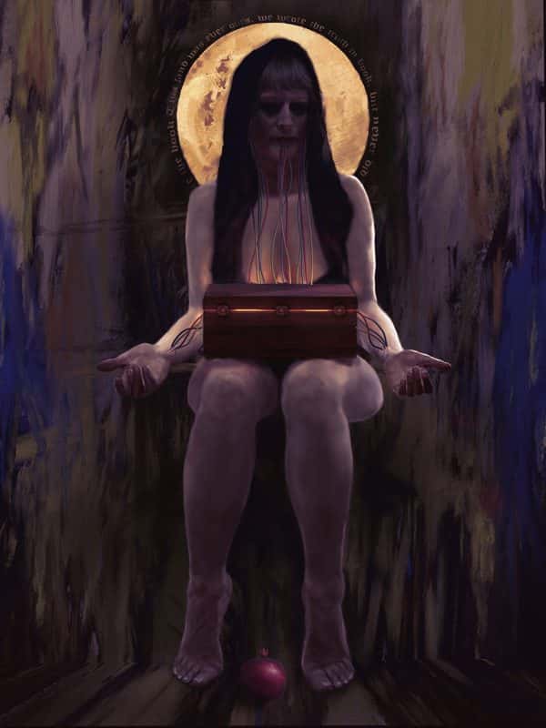 Beth McGuiness - Character design of pale figure with exposed veins, sitting in a dark cubicle lit by a full moon