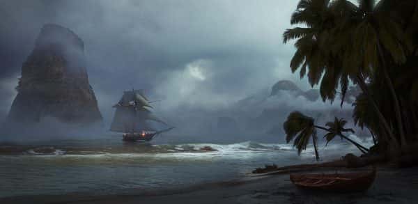 Olly Ryder - A pirate ship in a foggy bay