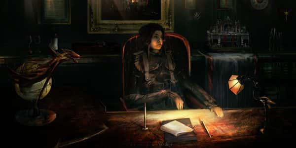 Rene Bencik - Character concept drawing sat at a desk lit only by a small glass lamp