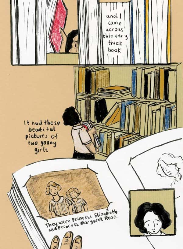 Chloe Dennis - Illustrated comic strip of someone picking a photo album from a shelf