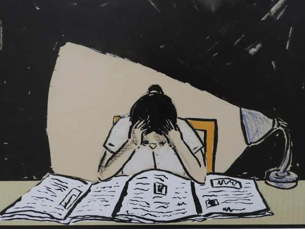 Chloe Dennis - A figure in a dark room reading a broadsheet head in hands