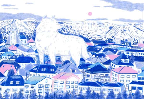 Laurel Pettit - A large animal stands above a colourful cityscape