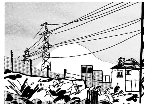 Mitch Forsyth, Stevie Burton - Black and grey illustration of pylons and powerlines in a rural setting