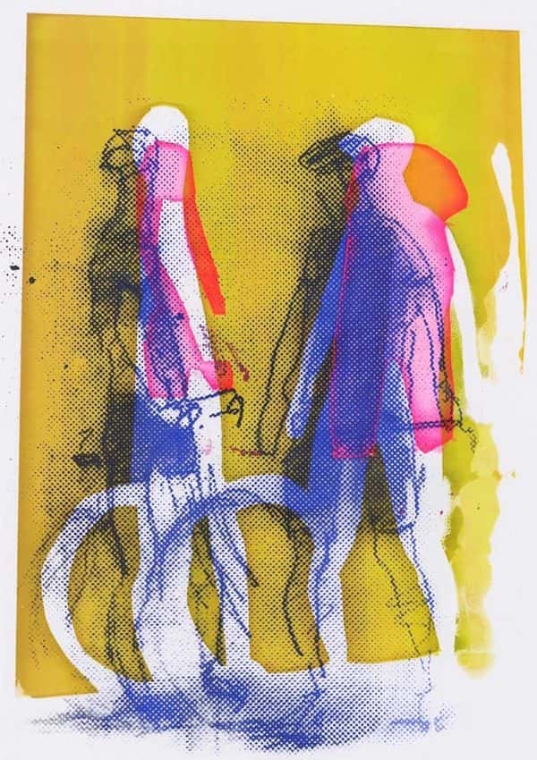 Steve Appleton - Abstract illustration of figures with high collars with bicycles