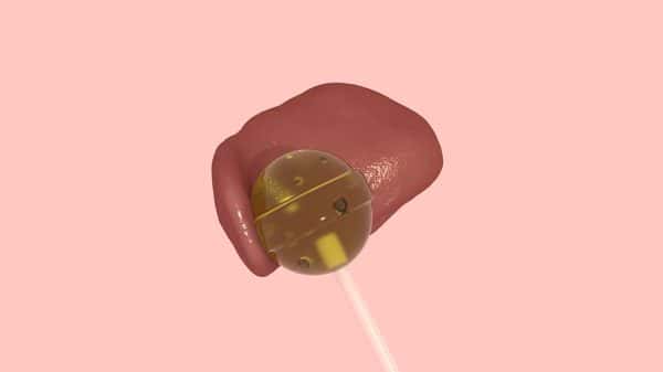  - 3D generated image shows an unconnected tongue-like object with slight shine wrapped around a partially transparent lollipop against plain background