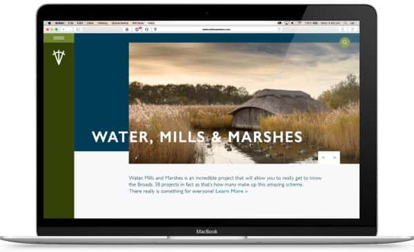 Broads Landscape Partnership Scheme - website concept for Water Mills and Marshes associated with the norfolk broads shows offset image with blue and white background and white title near the centre