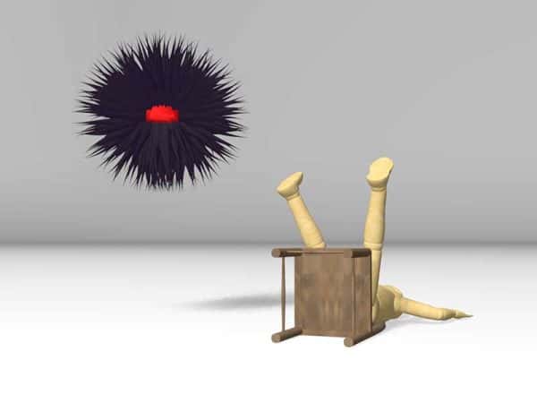 Comfort Zone - 2D digital illustration of a character who has fallen from a chair and is on the floor and a large purple orb hovers over the character, designed by NUA student Elliot Stronza