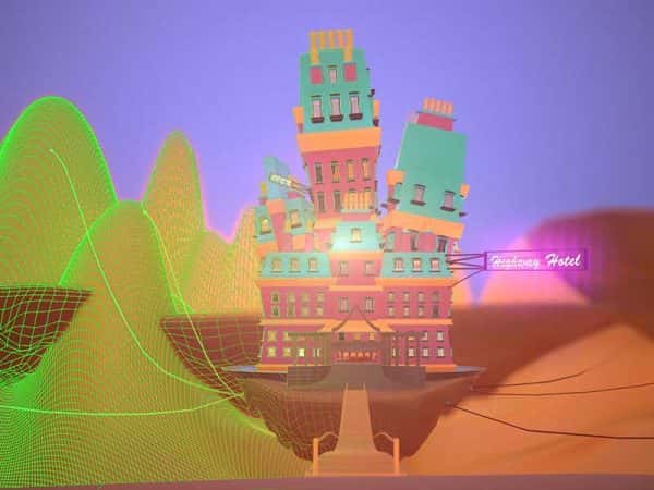 Highway Hotel - Digital image of a brightly coloured hotel called Highway Hotel designed by NUA Animation student Jordan Albon