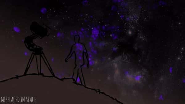 Emily Fisher - Line drawing in black shows a figure walking towards a telescope on tripod, with a background of dark grey and purple galaxy print