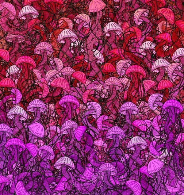 Marina Bijelic - Repeating pink and violet pattern with mushrooms overlapping and tesselating