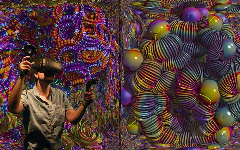 image on the left shows someone wearing a VR headset, with their hands raised in front of them holding the VR trigger controls. They are superimposed over an intense abstract digital background, and on the other side of the image, there is a 3D blob of colourful corrugated tubes which seem to seeth in a knot