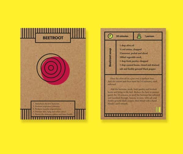 Raquel Jimenez - Side by side images show each side of a seed packet, with black print on cardboard texture. There are spot prints of yellow and beetroot red