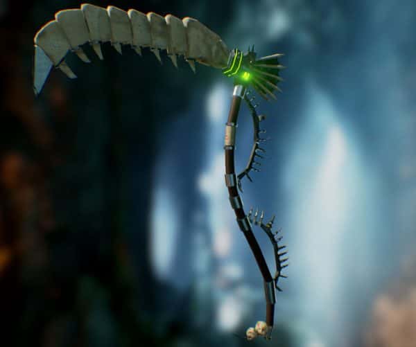 Sam Betlem - A 3d model of a spiked scythe with glowing green detail