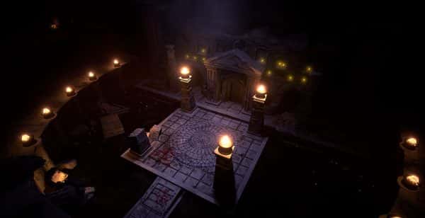 Sam Betlem - A digital environment with square stone platform lit by lanterns on plinths in a dark tomb
