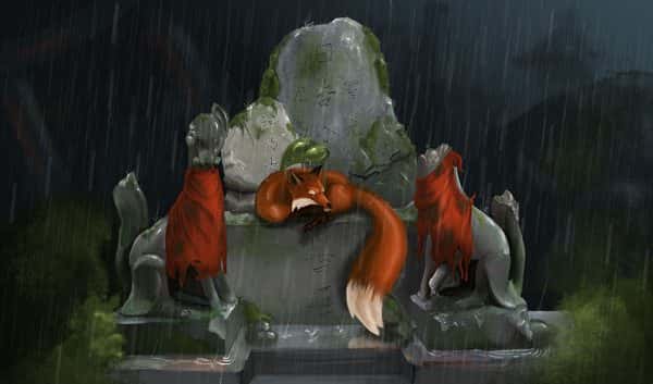 Steven Turney - Digital drawing of a fox sleeping on a derelict stone throne