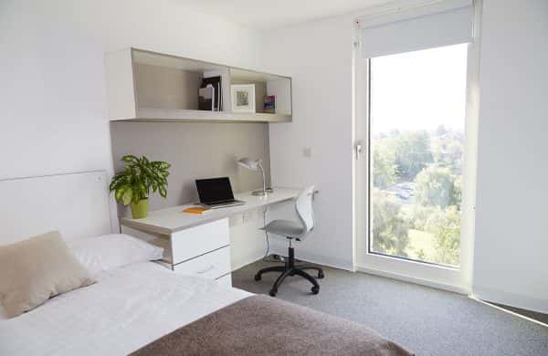 Student room - photo of bedroom shows white walls and grey carpet with tall window in background and a desk with computer and chair and a bed with cushion in the foreground