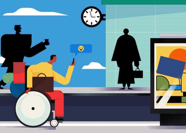 Adam Avery - Illustration of a man in a wheelchair looking at his phone waiting at a train station by Adam Avery