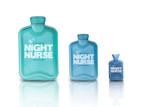 Chloe Joyce - Image of three hot water bottles with the typography Night Nurse on the front of the hot water bottles