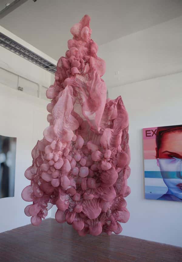 - Large pink sculpture hanging from ceiling in 2017 BA Degree Show