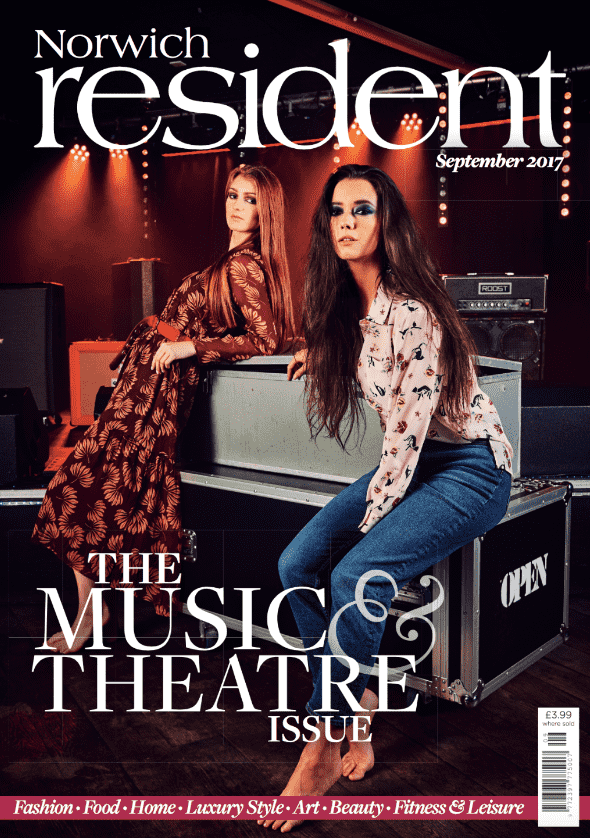Alex Hill, Norwich Resident Music - Norwich Resident magazine cover featuring two female models leaning against large music cases and looking at the camera.