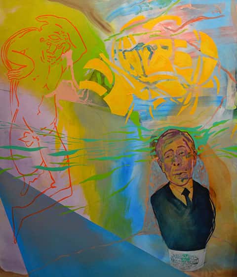 Cyclops, 2013 - Bright abstract painting with blurred background overlaid with the outline of a figure in red and a portrait