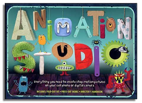 Animation Studio - Animation book cover by Helen Piercy with the words Animation Studio spelled in different colours and shapes with a small drawn monster in each lower corner