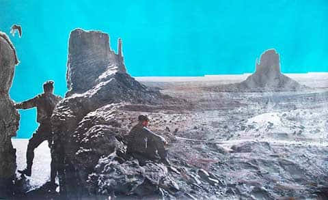 We hook into each other. Xerox, oil, paint, ropes, carabiners. - Mixed media collage by Matthew Benington of two figures in a rocky desert landscape with bright blue sky