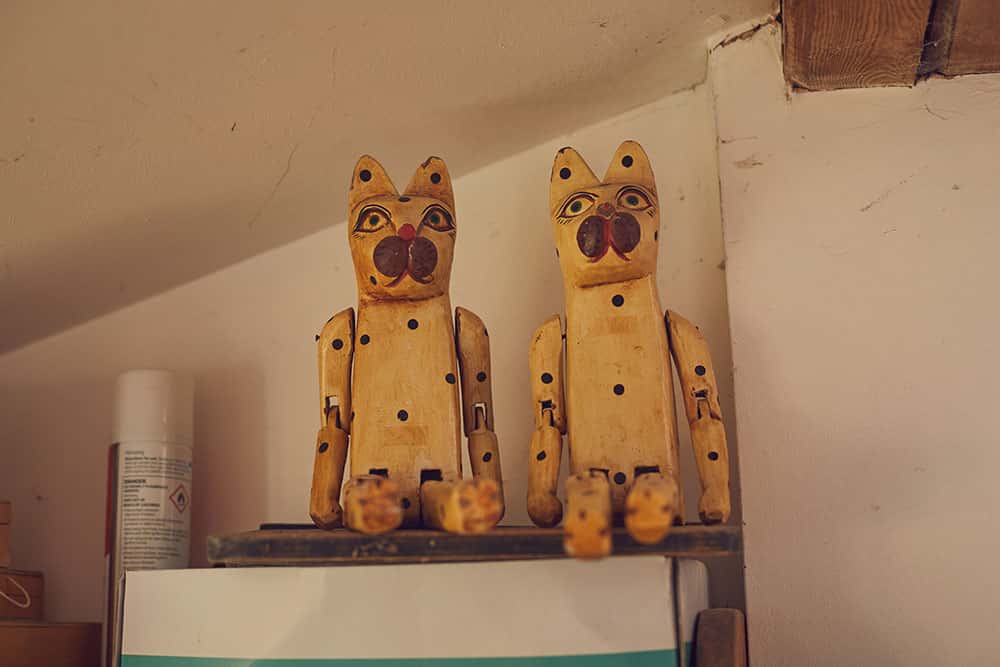 Two cat puppets made by Professor of Animation Suzie Hanna