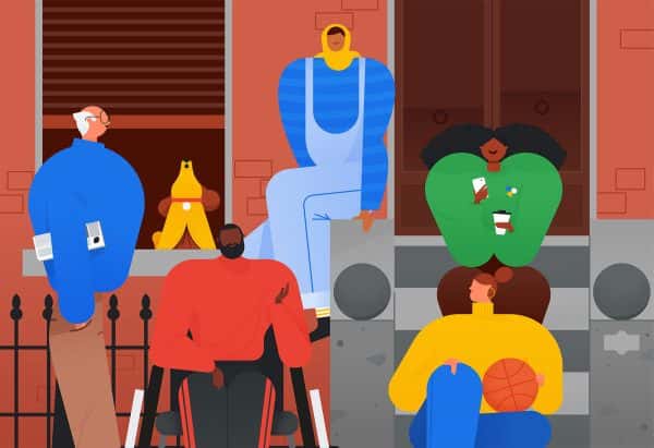 Adam Avery - work for Google - Illustration by BA Illustration course graduate Adam Avery that shows various people in Google colours