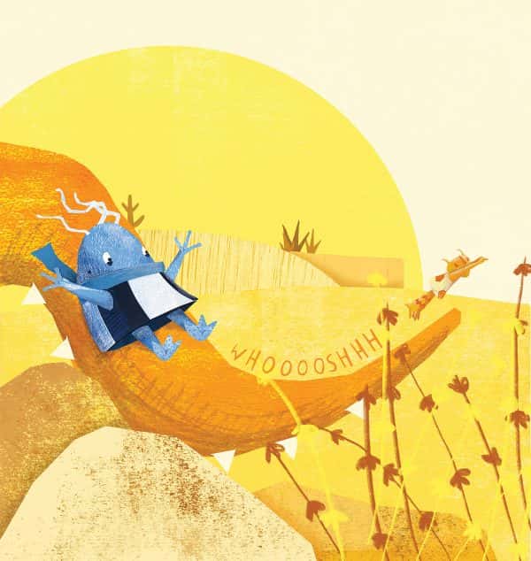 1. Ellie Ross Wilkinson, BA Illustration - BA Illustration work of a children's book character 'Blue' sliding down a plant by Ellie Ross Wilkinson