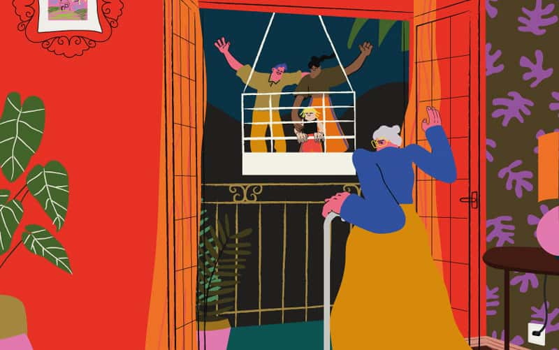 BA Design for Publishing graduate Ellie Hawes' winning entry into the Unsigned open brief. Ellie illustrated a news piece about how Belgian crane companies have been reuniting families during lockdown. The illustration is brightly coloured with predominantly red and purple tones. An elderly woman is shown waving at her family who are being lifted by a crane outside her window. The illustration style is abstract, with humans shown with larger bottom halves than top, solid colours and simple patterns
