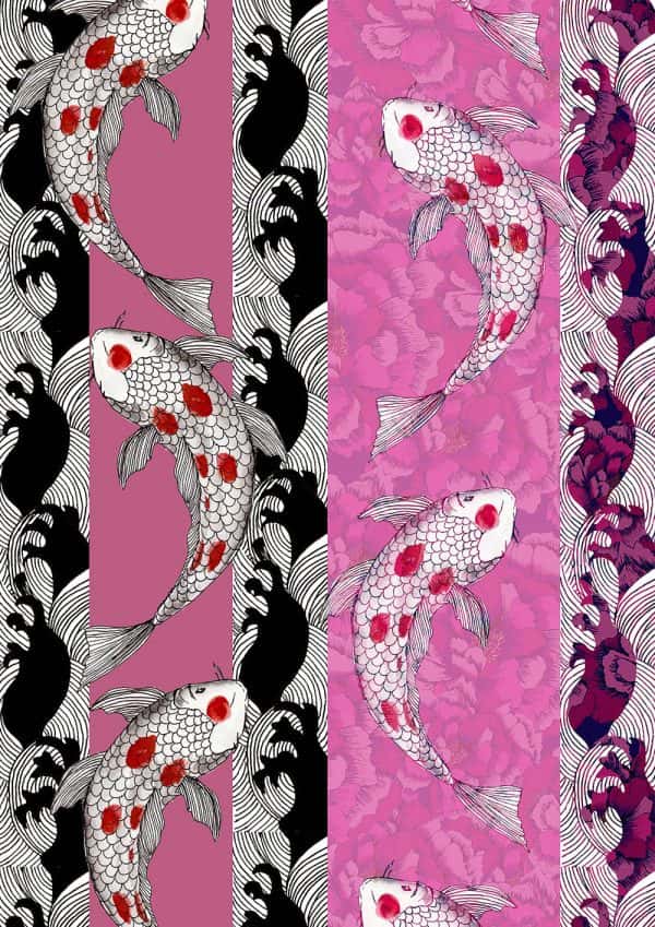 Daisy Gyapong - Printed textile design in pink, purple and black showing strips of colour with fish swimming along in a repeat pattern