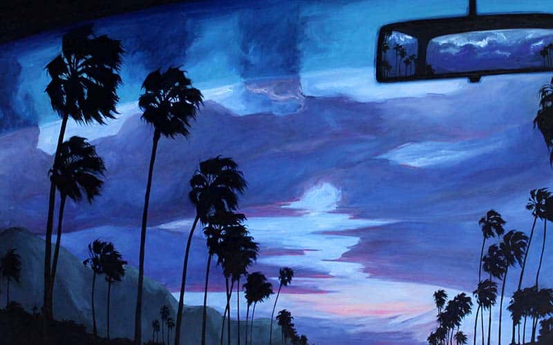Painting by Illustration graduate Imogen Hawgood of a blue and purple dusk sky out of a car windscreen with silhouetted palm trees and rearview mirror reflecting the sky