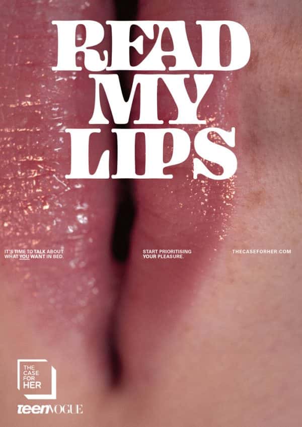 Mansi Katta - Magazine cover design by BA Graphic Communication student Mansi Katta. A close up photo of a woman's lips, vertically, is the cover image. The masthead says 'Read My Lips', a concept around female sexual pleasure