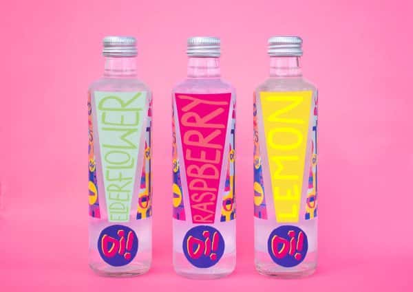 Ellie Prichard - Packaging design for mixer drink. Hand drawn lettering spelling 'oi!' in a circle, with a shape containing the flavour coming out from it to make an exclamation mark
