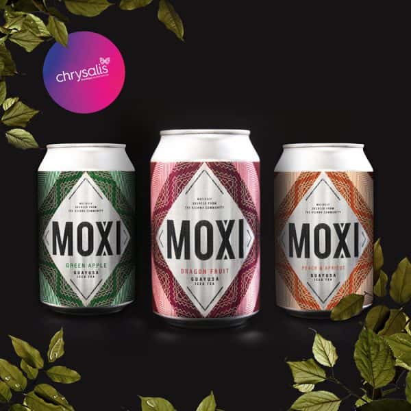 Emily Frith - Three cans of Moxi Iced tea packaging design on a black background. Each can is a different colour and has a tribal pattern design