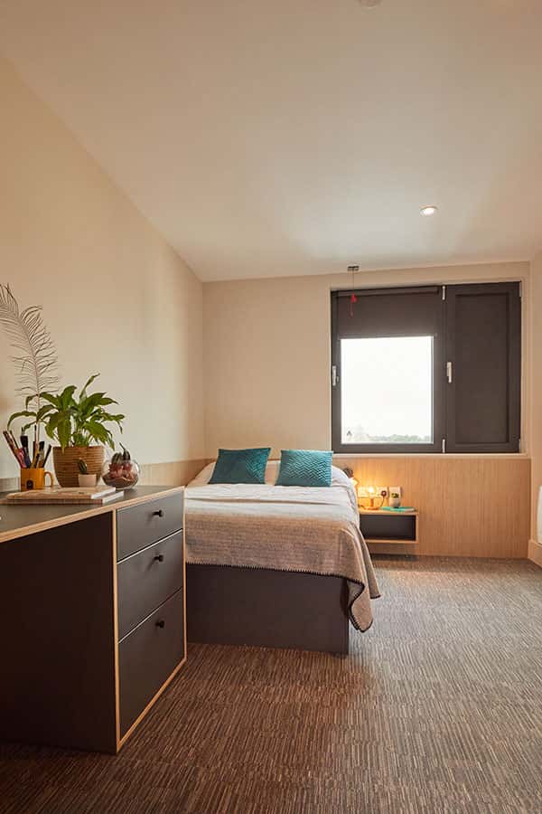 Accessible bedroom - Duke Street Riverside bedroom showing a double bed with duvet and pillows, plants on a desk and a window