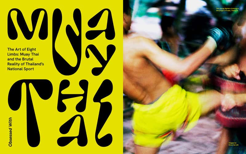 Editorial design about Muay Thai. A blurred noisy image of a muay thai sportsman, with a yellow page of hand drawn text opposite