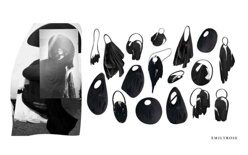 A selection of warped circular black handbags designed by BA Fashion student Emily Rose
