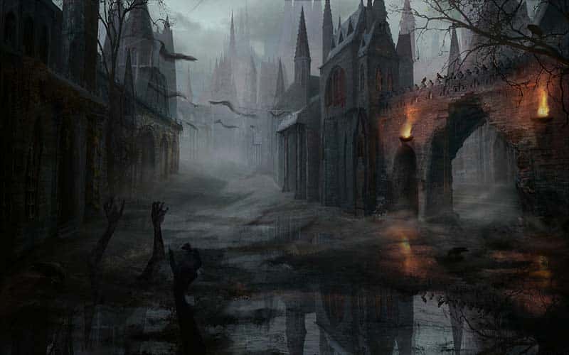 Creatures hands reaching out of a dark river in between tall ghostly castle buildings.