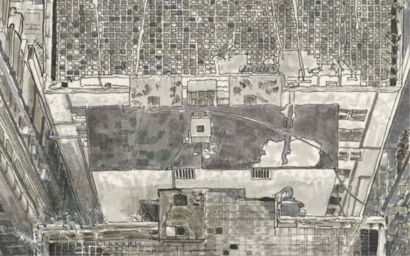 Grey drawing of a city from above