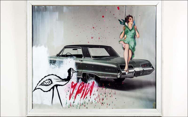 Painting of a woman in a teal dress swinging above a black car and an outline of a bird in the corner
